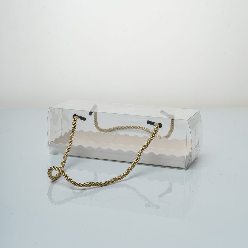 Boite transparente avec poignees cordelettes 6,5x6,5x18,5cm