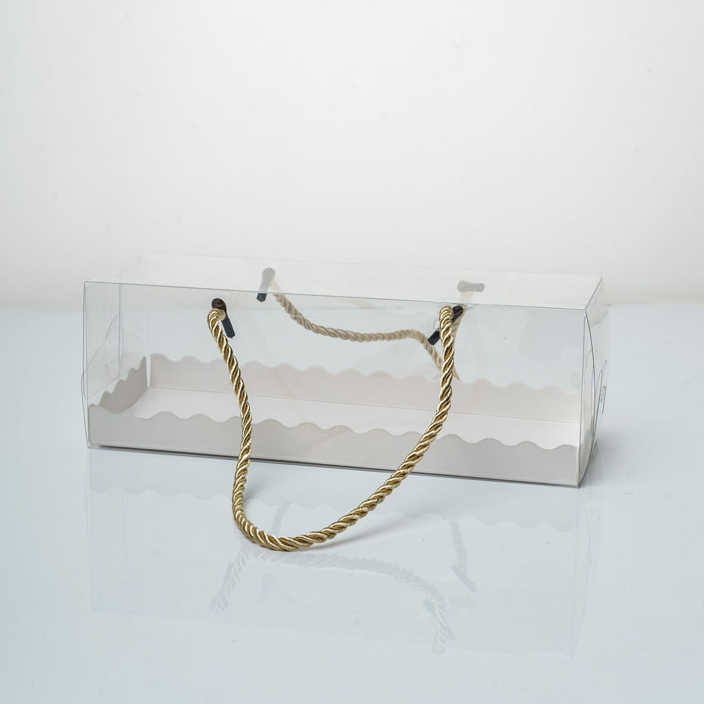 Boite transparente avec poignees cordelettes 7,8x7,8x22,5cm
