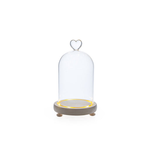Cloche en verre lumineux + base bois naturel 10x15 cm