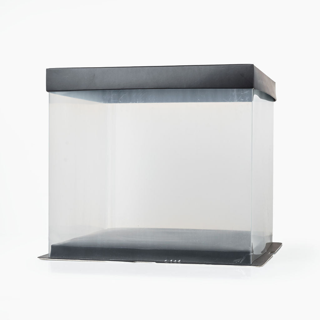Boite cadeau transparent socle et couvercle noir 26x26x24cm