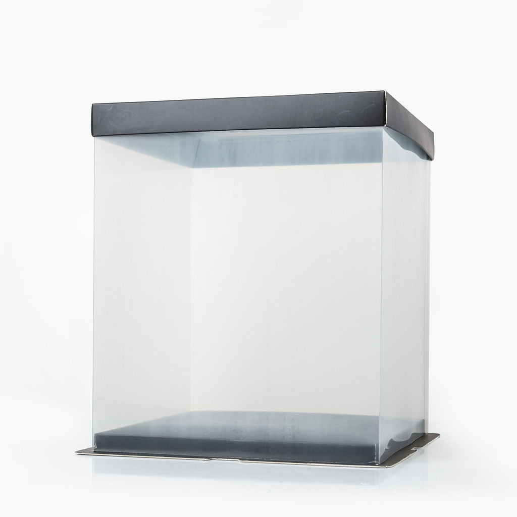 Boite cadeau transparent socle et couvercle noir 26x26x31cm