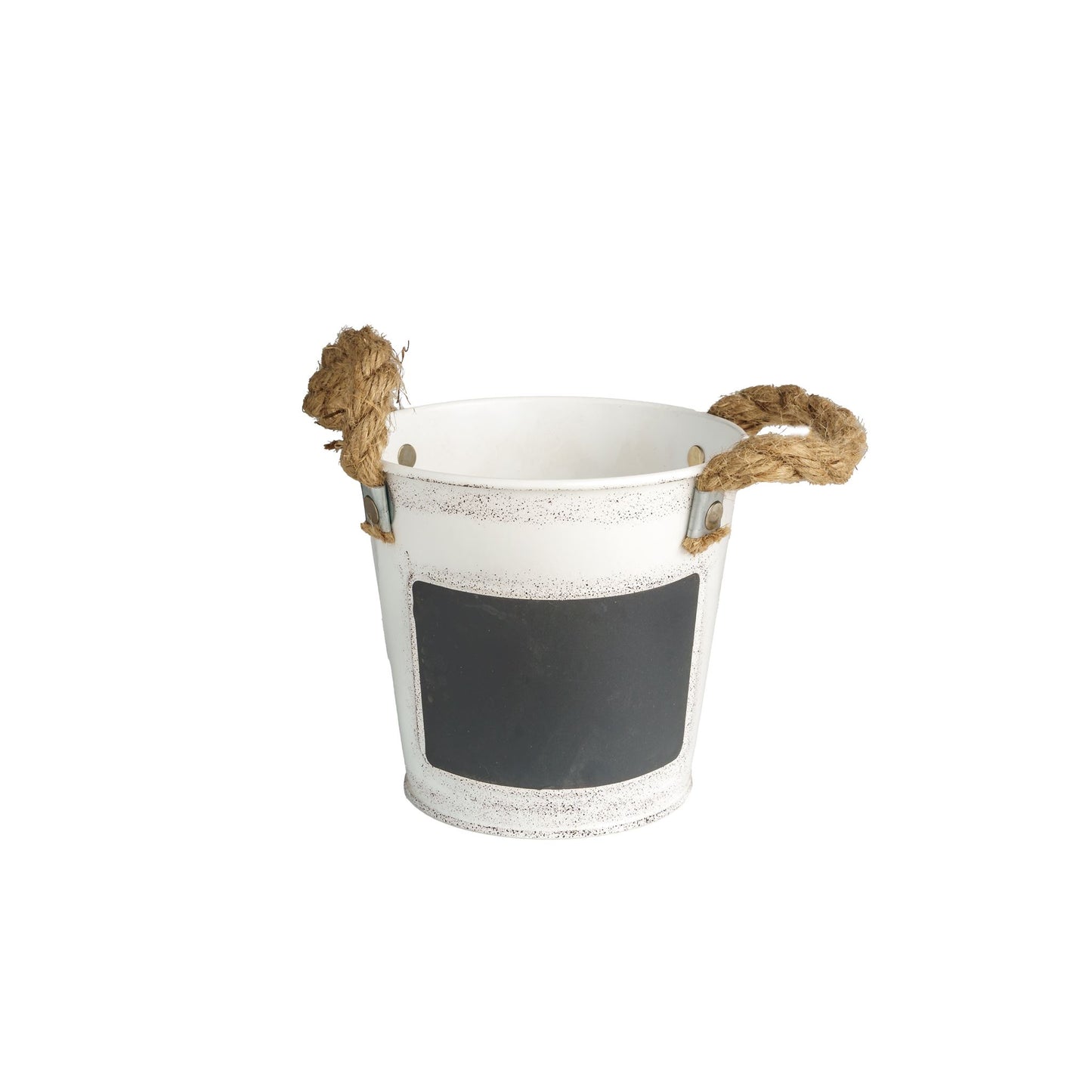 Cache pot métal Blanc avec poignée corde et ardoise, 13x12cm