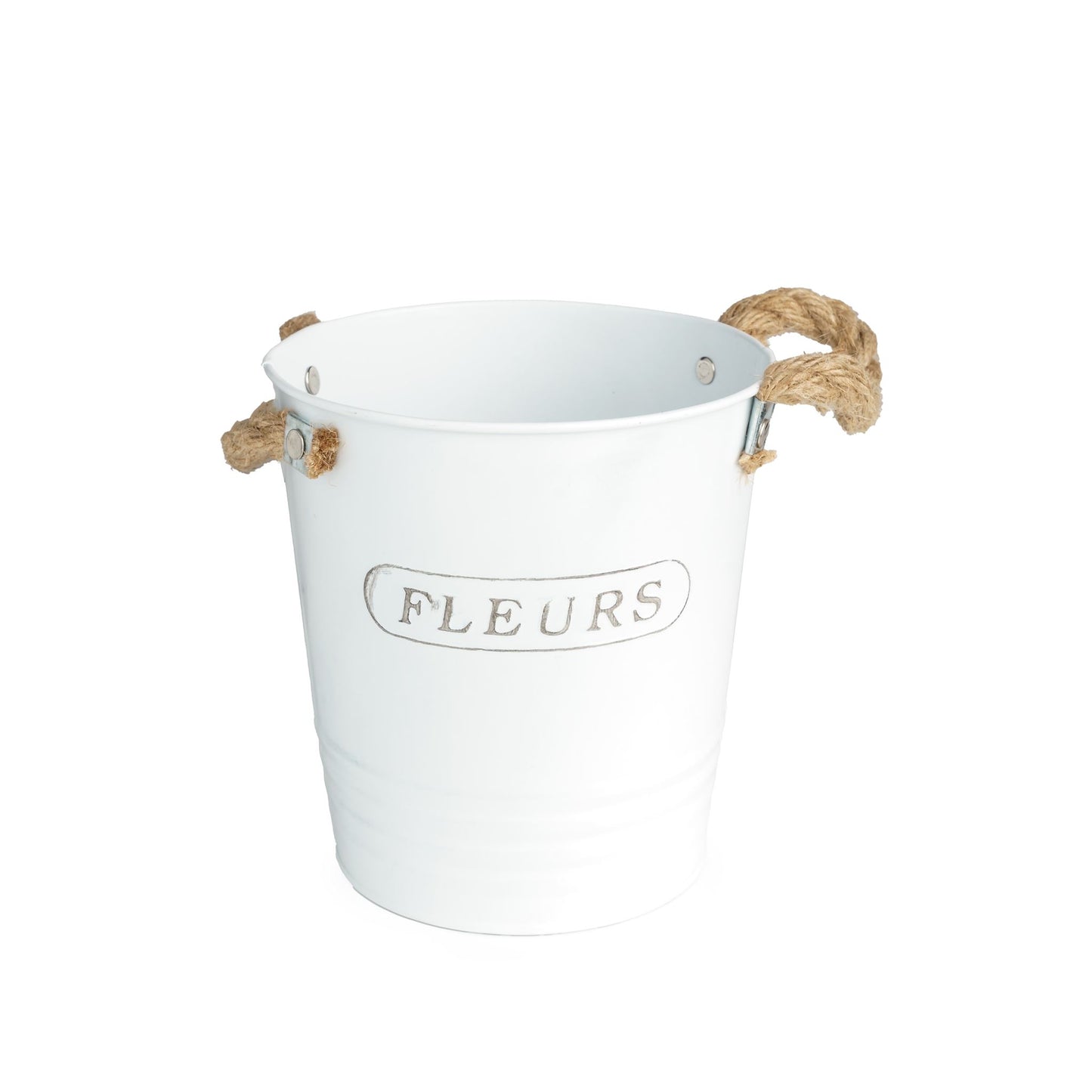 Cache pot métal Blanc avec poignée corde et inscription FLEURS, 15x16cm