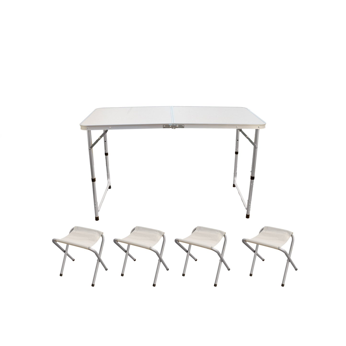 Table pique-nique blanche 120x60cm (pliable en valisette 60x60cm) + 4 tabourets