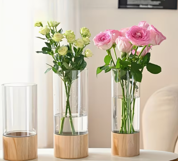 Vase rond transparent avec socle en bois 12x30cm
