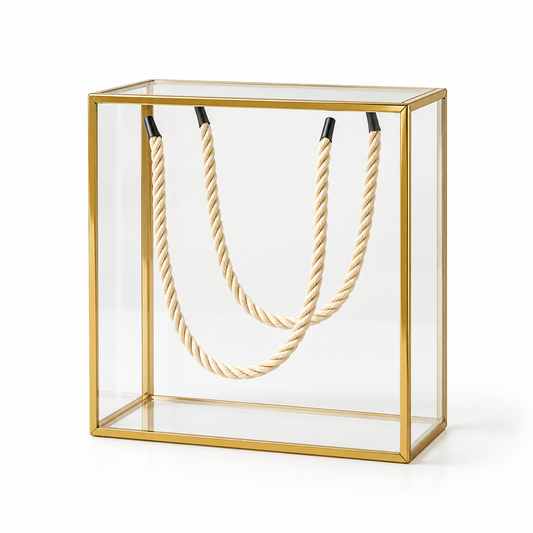 Boîte cadeau transparente avec contours dorés et anses en corde - 14 x 7,5 x 14