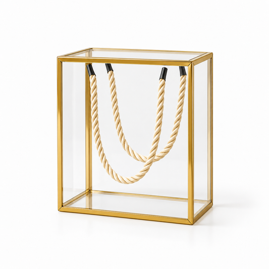 Boîte cadeau transparente avec contours dorés et anses en corde - 20 x 9 x 20 cm