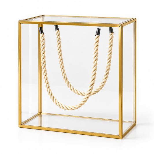 Boîte cadeau transparente avec contours dorés et anses en corde - 25 x 10 x 25 c