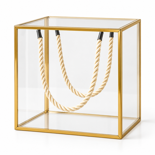 Boîte cadeau transparente avec contours dorés et anses en corde - 21 x 21 x 21 c