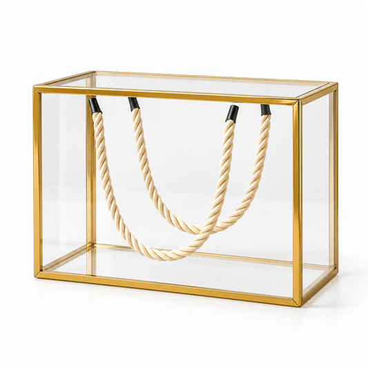 Boîte cadeau transparente avec contours dorés et anses en corde - 30 x 15 x 20 c