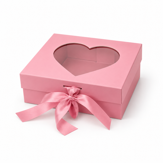 Boitage Rose à fermeture magnétique + fenêtre forme coeur + ruban, 20x18.2x8cm
