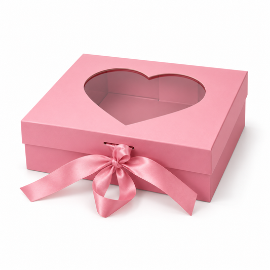 Boitage Rose à fermeture magnétique + fenêtre forme coeur + ruban, 28.2x20.2x9.2