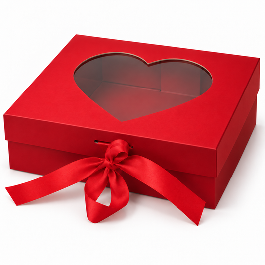 Boitage Rouge à fermeture magnétique + fenêtre forme coeur + ruban, 33x25x12cm
