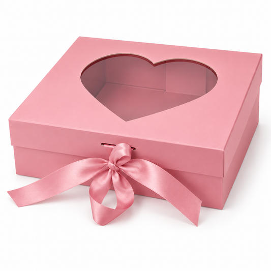 Boitage Rose à fermeture magnétique + fenêtre forme coeur + ruban, 33x25x12cm