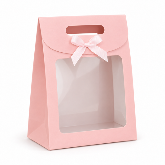 Boîte cadeau en carton rose avec fenêtre transparente et poignée intégrée - 12 ×