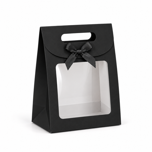 Boîte cadeau en carton noir avec fenêtre transparente et poignée intégrée - 12 ×