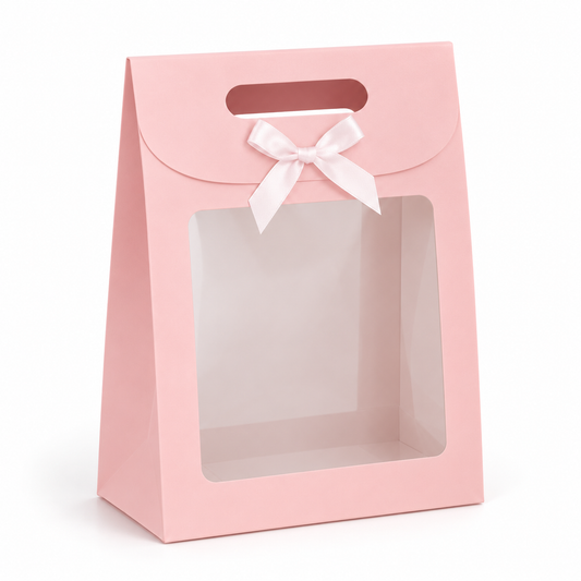 Boîte cadeau en carton rose avec fenêtre transparente et poignée intégrée - 14 ×