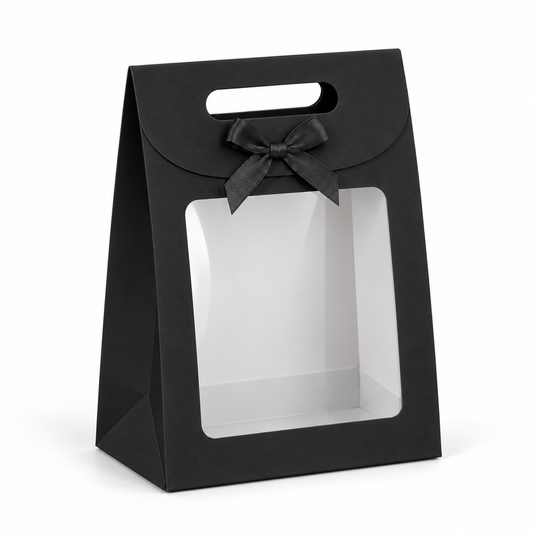 Boîte cadeau en carton noir avec fenêtre transparente et poignée intégrée - 14 ×