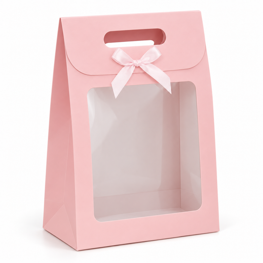 Boîte cadeau en carton rose avec fenêtre transparente et poignée intégrée - 16 ×