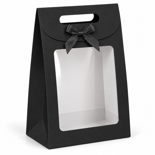 Boîte cadeau en carton noir avec fenêtre transparente et poignée intégrée - 16 ×