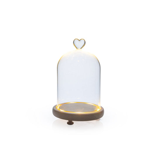 Cloche en verre lumineux + base bois naturel 12x16 cm