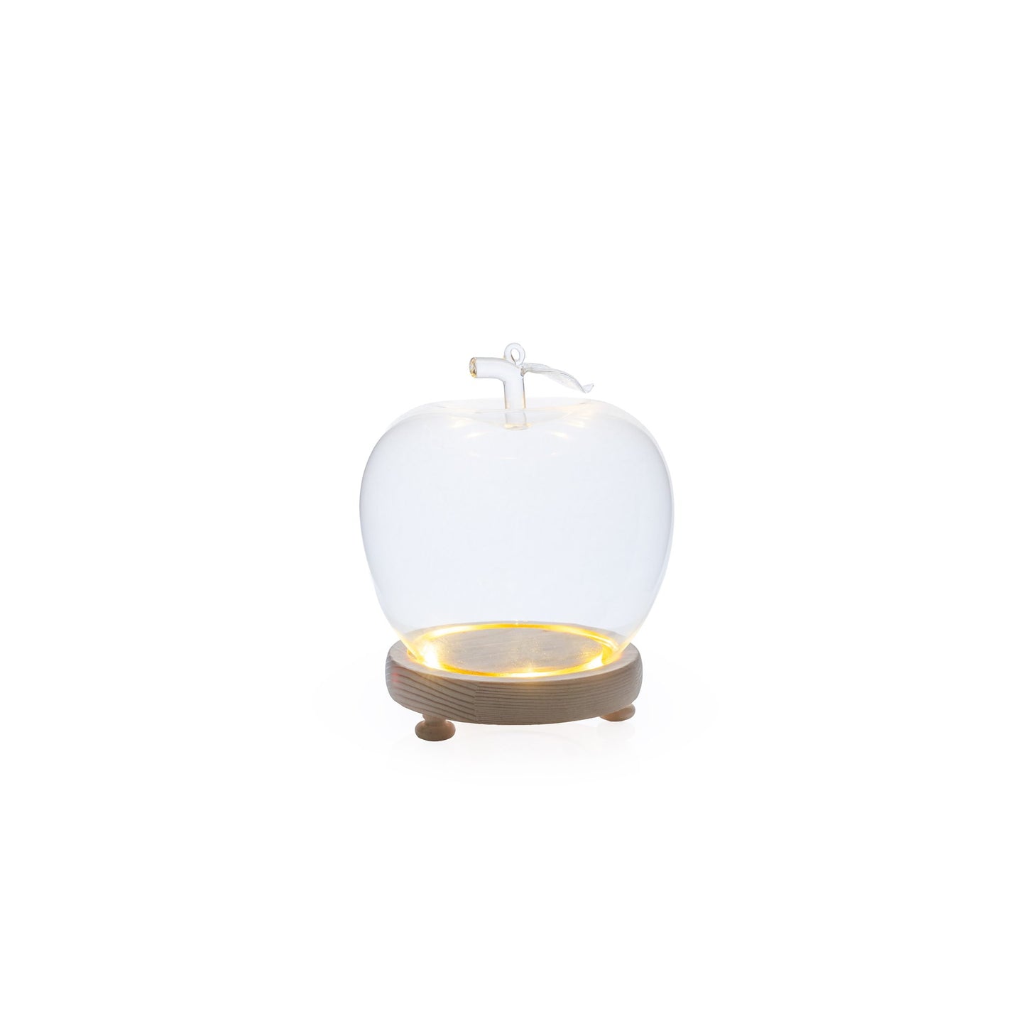 Pomme en verre lumineux  + base bois naturel 13,5 x 16,5 cm