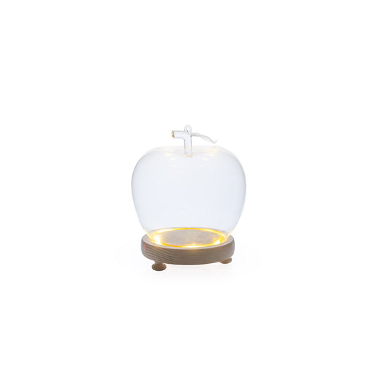 Pomme en verre lumineux  + base bois naturel 13,5 x 16,5 cm