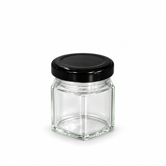 Pot hexagonale en verre 4,5x5cm (50ml) + couvercle noir