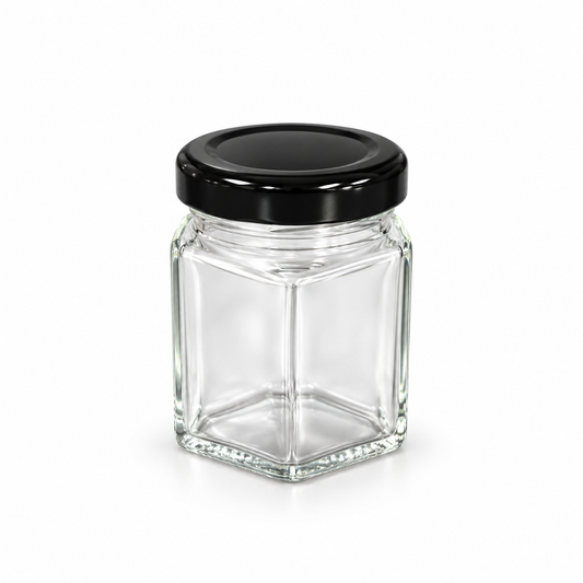 Pot hexagonale en verre 5x8cm (100ml) + couvercle noir