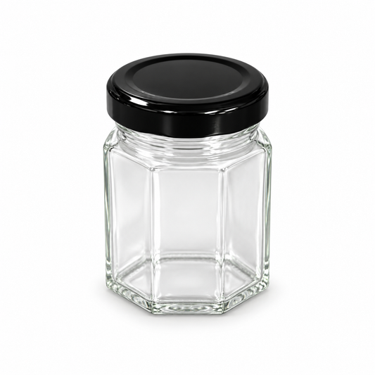 Pot hexagonale en verre 6,3x10cm (280ml) + couvercle noir