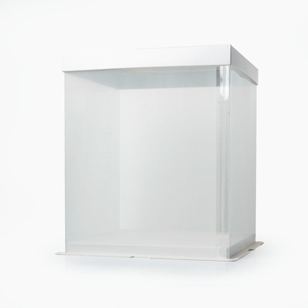 Boite cadeau  transparent socle et couvercle blanc 26x26x31cm