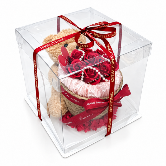 Composition Ourson +  Fleurs Savon Rouge 26x26x26 cm