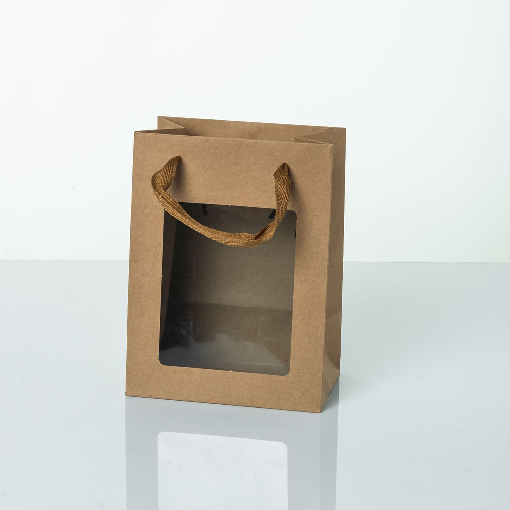 Sac kraft naturel luxe avec fenêtre+ poignee cordelette, 20x15x10cm