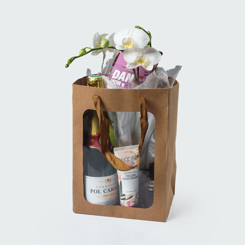 Sac kraft naturel luxe avec fenêtre+ poignee cordelette, 25x18x13cm