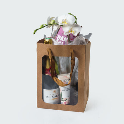 Sac kraft naturel luxe avec fenêtre+ poignee cordelette, 25x18x13cm
