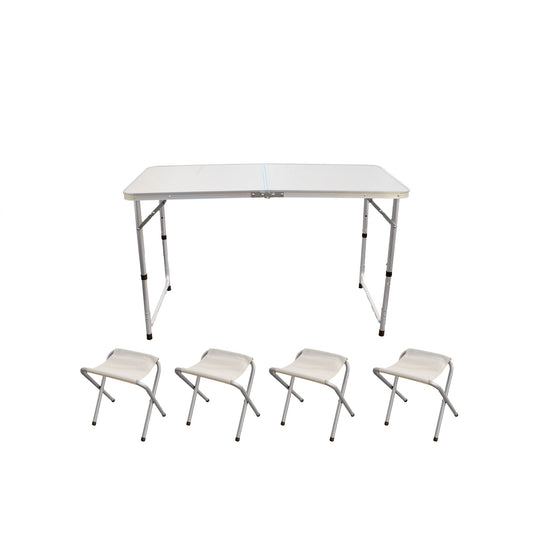 Table pique-nique blanche 120x60cm (pliable en valisette 60x60cm) + 4 tabourets