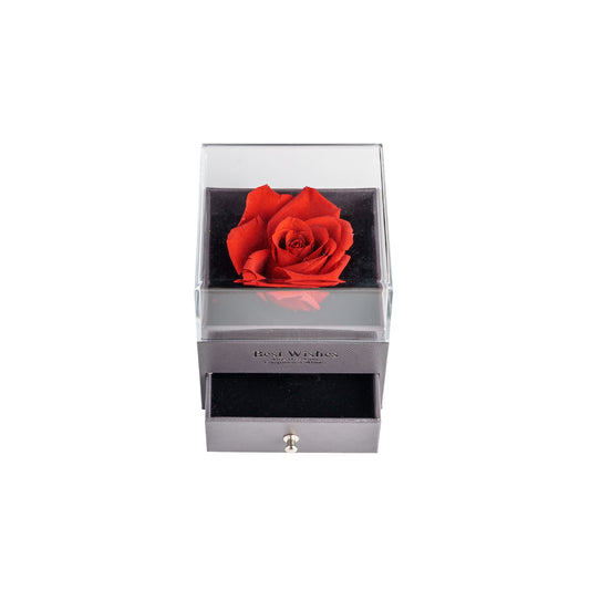 Ecrin a bijou 9x9x10cm avec rose eternel rouge dia. 5-6cm