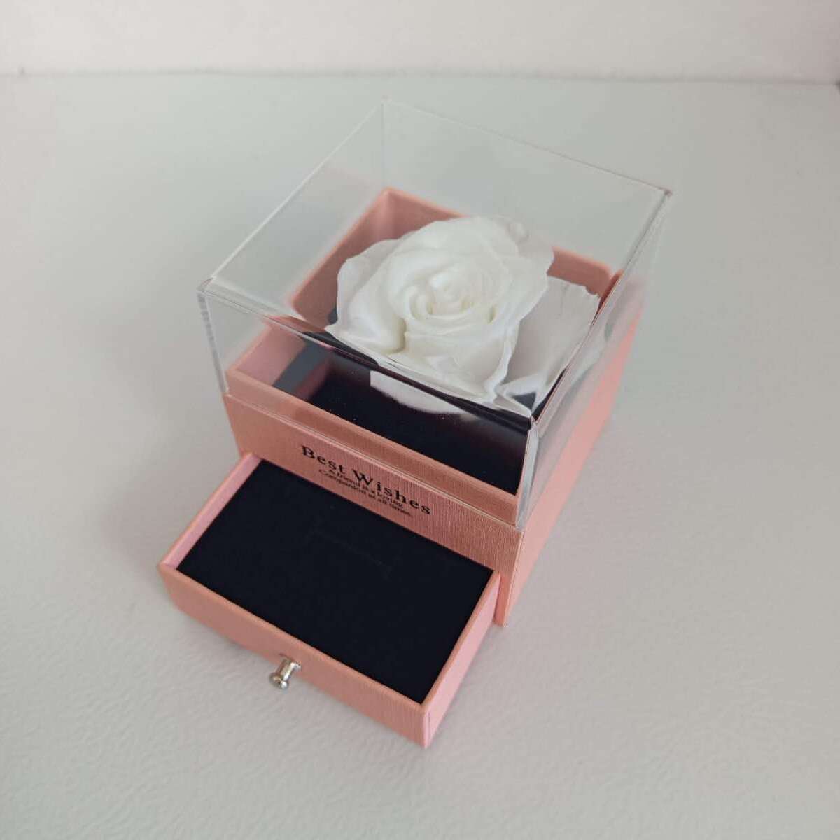 Ecrin à bijou Rose 9x9x10cm avec rose éternel blanche dia. 5-6cm