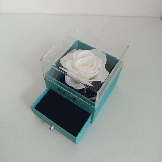 Ecrin à bijou Turquoise 9x9x10cm avec rose éternel blanche dia. 5-6cm
