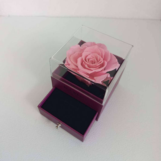 Ecrin à bijou Pourpre 9x9x10cm avec rose éternel rose dia. 5-6cm