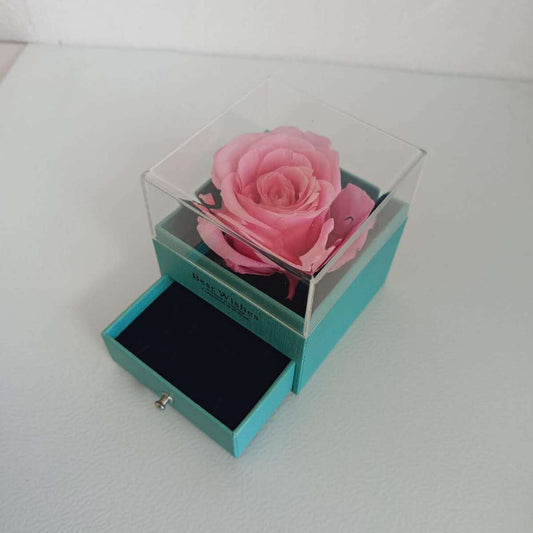 Ecrin à bijou Turquoise 9x9x10cm avec rose éternel rose dia. 5-6cm