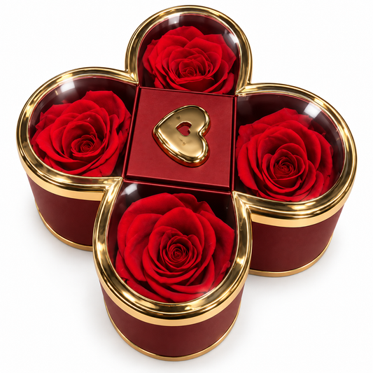 Ecrin à bijou rouge 14x14x6cm avec rose éternel rouge