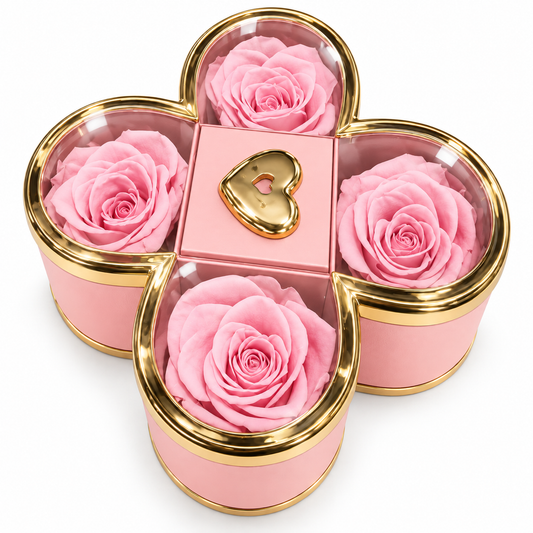 Ecrin à bijou rose 14x14x6cm avec rose éternel rose