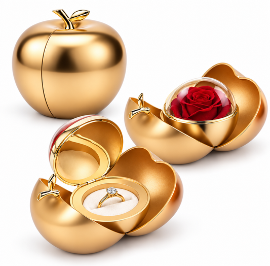 Pomme dorée avec rose éternelle rouge - coffret cadeau