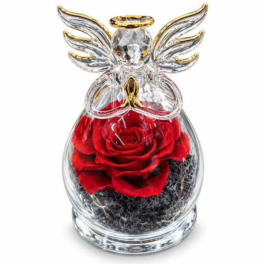 Rose éternelle rouge sous globe transparent avec ange doré - coffret cadeau blan