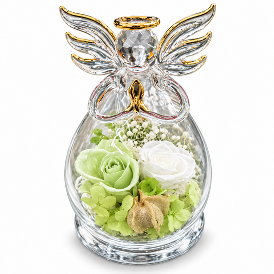Rose éternelle blanche/verte sous globe transparent avec ange doré - coffret cad