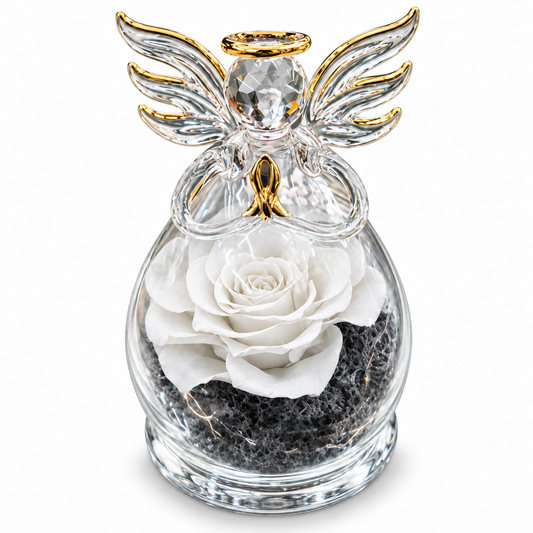 Rose éternelle blanche sous globe transparent avec ange doré - coffret cadeau bl