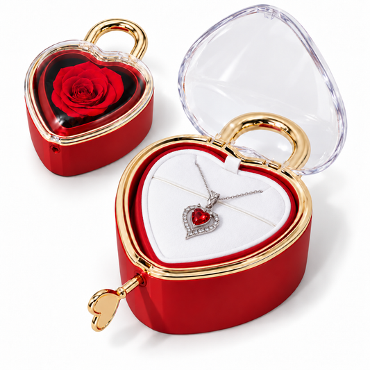 Rose éternelle rouge dans un écrin en forme de cadenas cœur doré