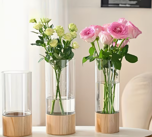 Vase rond transparent avec socle en bois 12x30cm